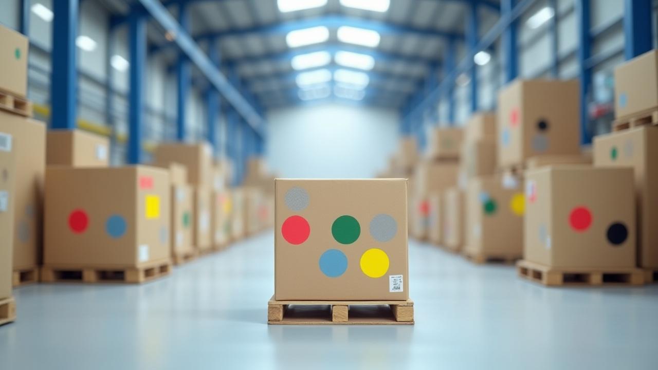 Stacked logistics pallets with bright, color-coded identification labels in a modern warehouse