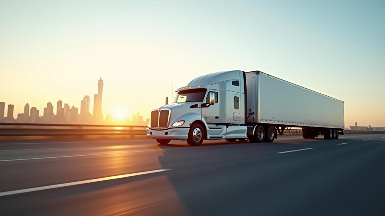 VM Essentials Logistics freight truck traveling through Dallas, Texas skyline background
