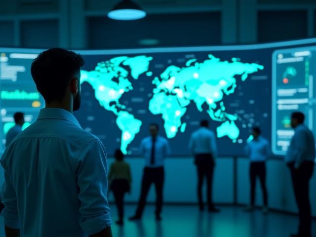 Team of logistics experts monitoring cargo shipments on digital displays