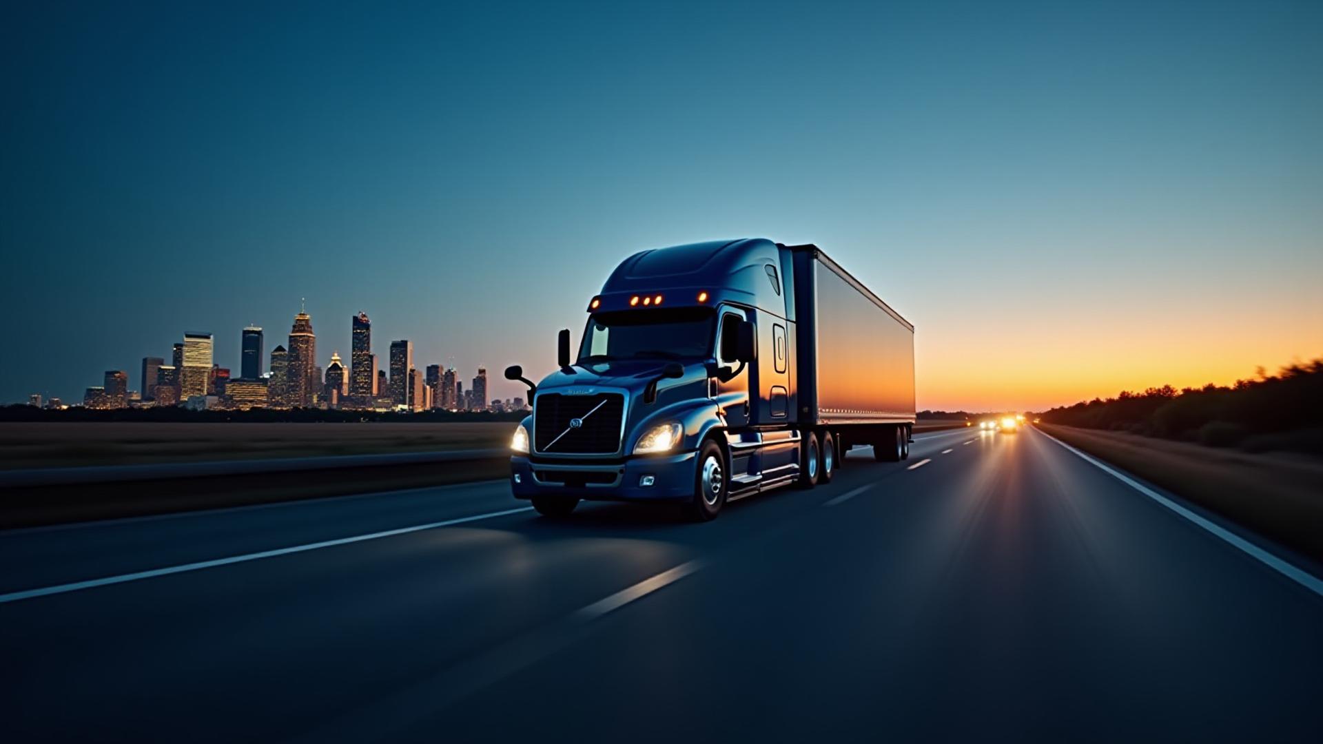 Modern logistics fleet moving across the Dallas skyline at dusk