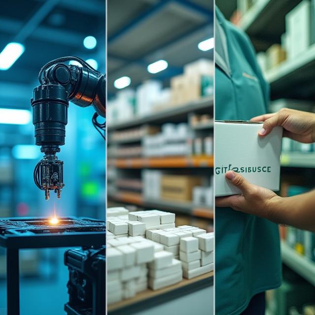Collage of retail delivery, manufacturing floor, and e-commerce fulfillment operations
