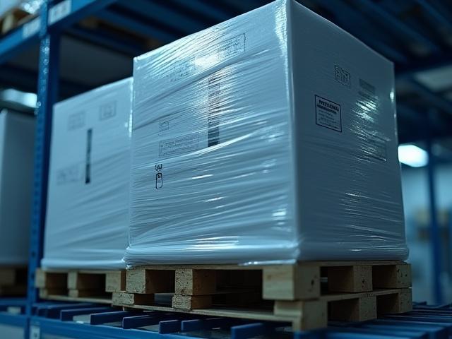 Neatly stacked and wrapped pallets in storage racks